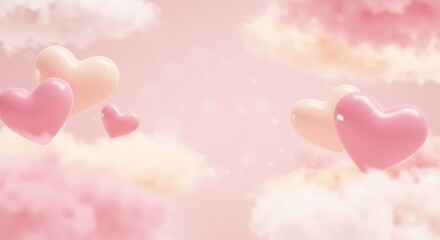 Dreamy Pastel Heart Balloons Floating in Fluffy Pink Cloudscape, Romantic Aesthetic.