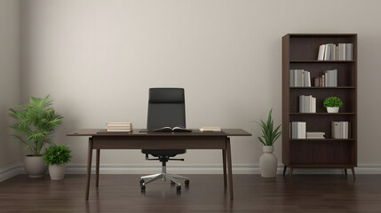 Sleek wooden desk with minimalist design in study room.