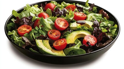 A vibrant salad bowl filled with mixed greens, cherry tomatoes, avocado slices, and balsamic dressing