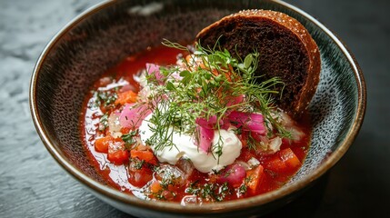A vibrant bowl of borscht with sour cream and dill, served with a side of dark rye bread