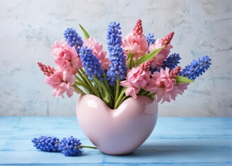 Pink almond and blue muscaries flowers in a large decorative heart-shaped vase