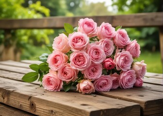 A bouquet of freshly picked pink roses arranged artfully on a rustic wooden table