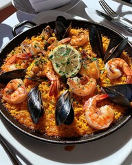 A top-down view of a seafood paella pan, brimming with shrimp, mussels, and saffron-infused rice