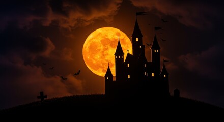 Eerie Castle Silhouette on Hilltop Under Giant Orange Moon, Bats Flying.