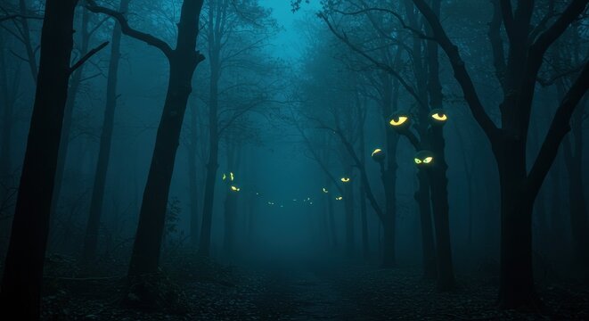 Eerie Forest - Glowing Eyes Peer Through Misty, Dark Woods at Night.
