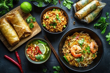 A Thai street food stall serving pad thai, spring rolls, and bowls of spicy tom yum soup