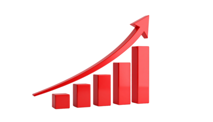 Stock market business graph chart with an upward red arrow signifying financial success and growth on a white background illustration