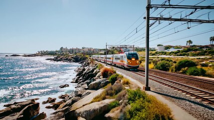 Passenger train snakes along a rocky shoreline with foaming surf beside the tracks, combining motion, industry and ocean views; dynamic transport footage for travel services, logistics promos and