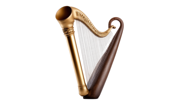 Golden harp, intricate design, musical instrument