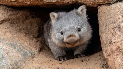 Australian wombat outside burrow entrance in natural habitat, showcasing furry marsupial behavior and wildlife scene. Nocturnal animal in daytime outdoor environment for nature concepts