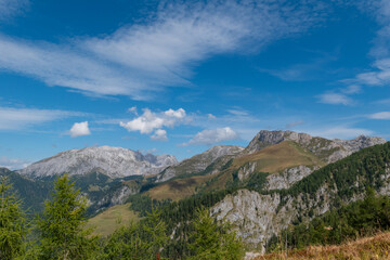 Fototapeta premium Alpine forest landscape with panoramic view towards Mount Jenner in the Berchtesgadener Alps