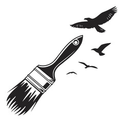Black silhouette of a paint brush with flying birds against a white background black and white