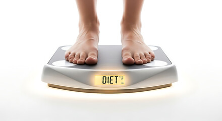 Bare feet standing on a modern digital weighing scale displaying the word 'DIET' on its screen.