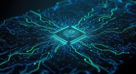 Futuristic Glowing Microchip Circuitry with Electric Blue Energy Trails.