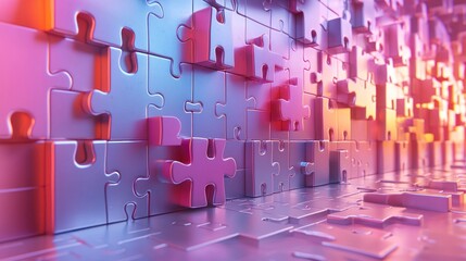 Shiny puzzle wall with floating pink pieces under blue & orange light