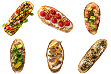 A set of baguette slices with various toppings isolated on a transparent background PNG