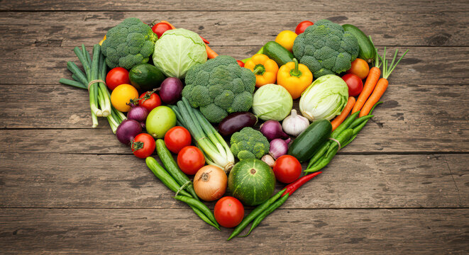 Fresh vegetables arranged in a heart shape on a rustic wooden table. Healthy eating and vegetarian diet concept for banner or poster for World Food Day or World health day.