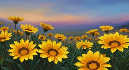 Obraz premium Vibrant yellow flowers blooming in a field against a soft sunset sky