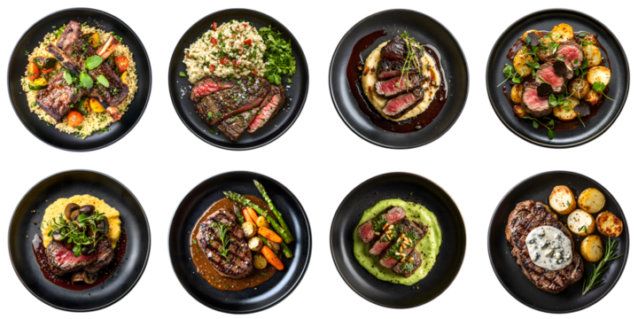 A set of different haute cuisine restaurant dishes with beef steak and side dish isolated on a transparent background PNG