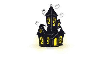 Haunted Halloween Home: A spooky house with glowing windows and playful ghosts creates a fun, seasonal graphic ideal for Halloween.