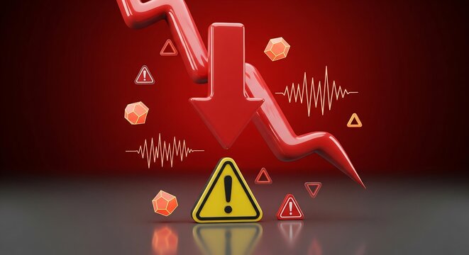 A red downward arrow with a jagged end, accompanied by warning signs and abstract shapes, against a red gradient background.