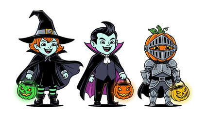 Halloween Trio: A vibrant illustration features three whimsical characters, a playful witch, a cheerful vampire, and a unique pumpkin knight, all ready for a night of trick-or-treating. 