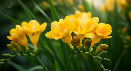 Vibrant yellow flowers blooming with green foliage against soft background