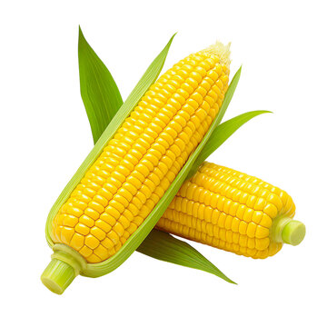 Two fresh corn cobs with vibrant yellow kernels and green husks are displayed, showcasing their natural texture and color. image highlights corn freshness and appeal