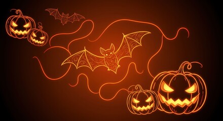 Glowing Orange Neon Halloween Jack-o-Lanterns and Bats with Eerie Trails.