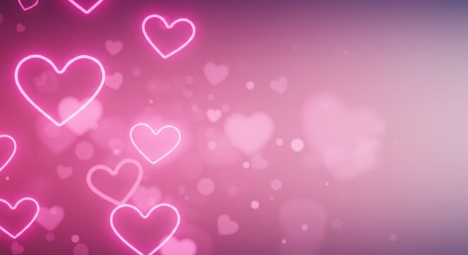 Glowing Neon Hearts on Pink Bokeh Background, Romantic Valentines Day Design.