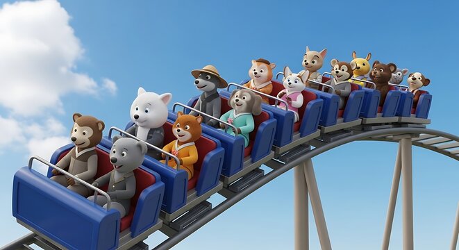 Cute cartoon animals enjoying a thrilling roller coaster ride at an amusement park.