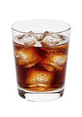 Refreshing dark whiskey served with ice in a clear glass on a transparent background