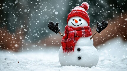 Fototapeta premium Cheerful Snowman in Red Scarf and Hat Standing in Snow - Winter Scene