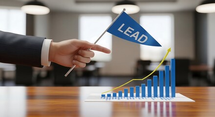 A hand holds a "LEAD" flag over a rising bar graph with a yellow trend line.