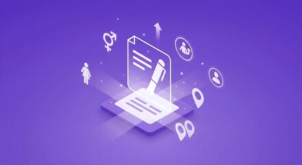 Isometric illustration of a document with a pen, surrounded by gender, location, and user icons on a purple background.