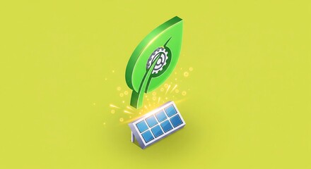 Green leaf with gears above a small solar panel, symbolizing sustainable energy and eco-friendly technology.