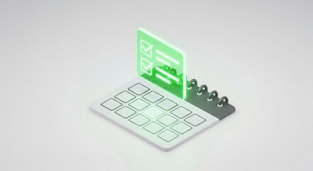 Isometric illustration of a calendar with a glowing checklist hovering above, representing tasks and planning.
