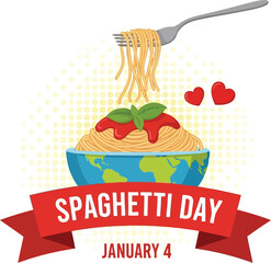 Delicious spaghetti day celebration january 4th with fork and heart embellishments festive food art vector