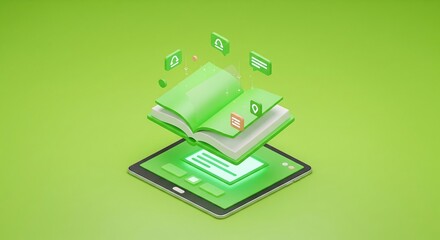 An open book floats above a tablet, surrounded by digital icons, all rendered in shades of green.