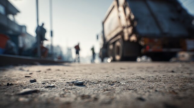 garbage truck on city street collects trash