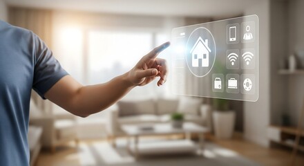 A person's hand interacts with a transparent smart home interface, controlling devices in a modern living room.
