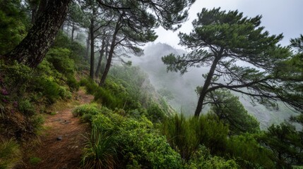 A scenic trail meanders through a vibrant forest filled with tall pine trees and rich greenery. Mysterious mist envelops the mountains on a rainy day creating a tranquil atmosphere.