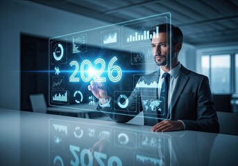 Photo of visionary businessman touching 2026 hologram with financial data, forecasting future success and growth in business and technology innovation