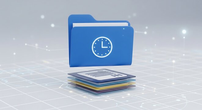 A blue folder with a clock icon floats above a stack of documents against a light gray background with connecting dots.
