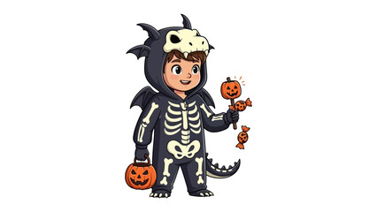 Halloween Dragon Costume: A charming child in a detailed dragon costume, holding a carved pumpkin treat basket and candy, the perfect blend of spooky and cute.