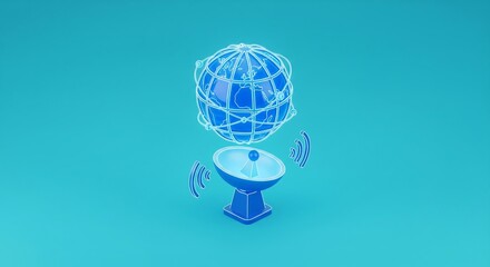 A blue, stylized globe hovers above a satellite dish, both emitting signal waves on a blue background.
