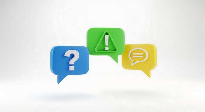 Three speech bubbles, colored blue, green, and yellow, displaying a question mark, exclamation point, and conversation icon respectively.