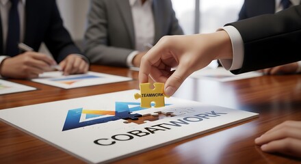 Hand placing puzzle piece onto a logo, surrounded by business people at a table.