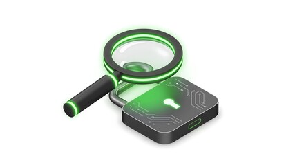 A glowing magnifying glass hovers over a digital padlock, suggesting security analysis.