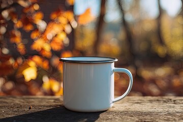 White enamel mug on weathered wooden surface, autumnal background
